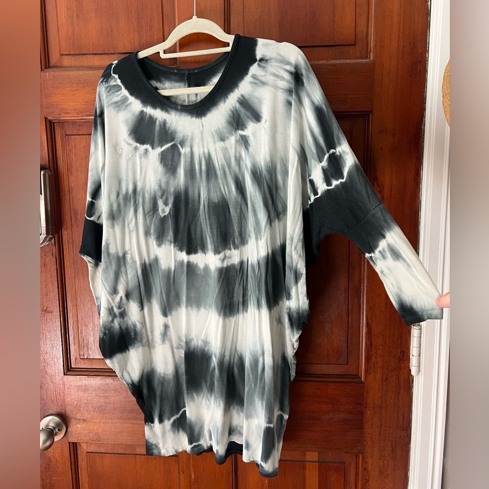 Oversized Tie Dye Tunic Dress – Black Gray Batwing Caftan Mini Dress Boho Hippie